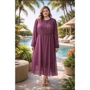 Purple Swiss Dot, Lace Sleeve, Button Front Midi Dress, Whimsy, Cottage Core, XL